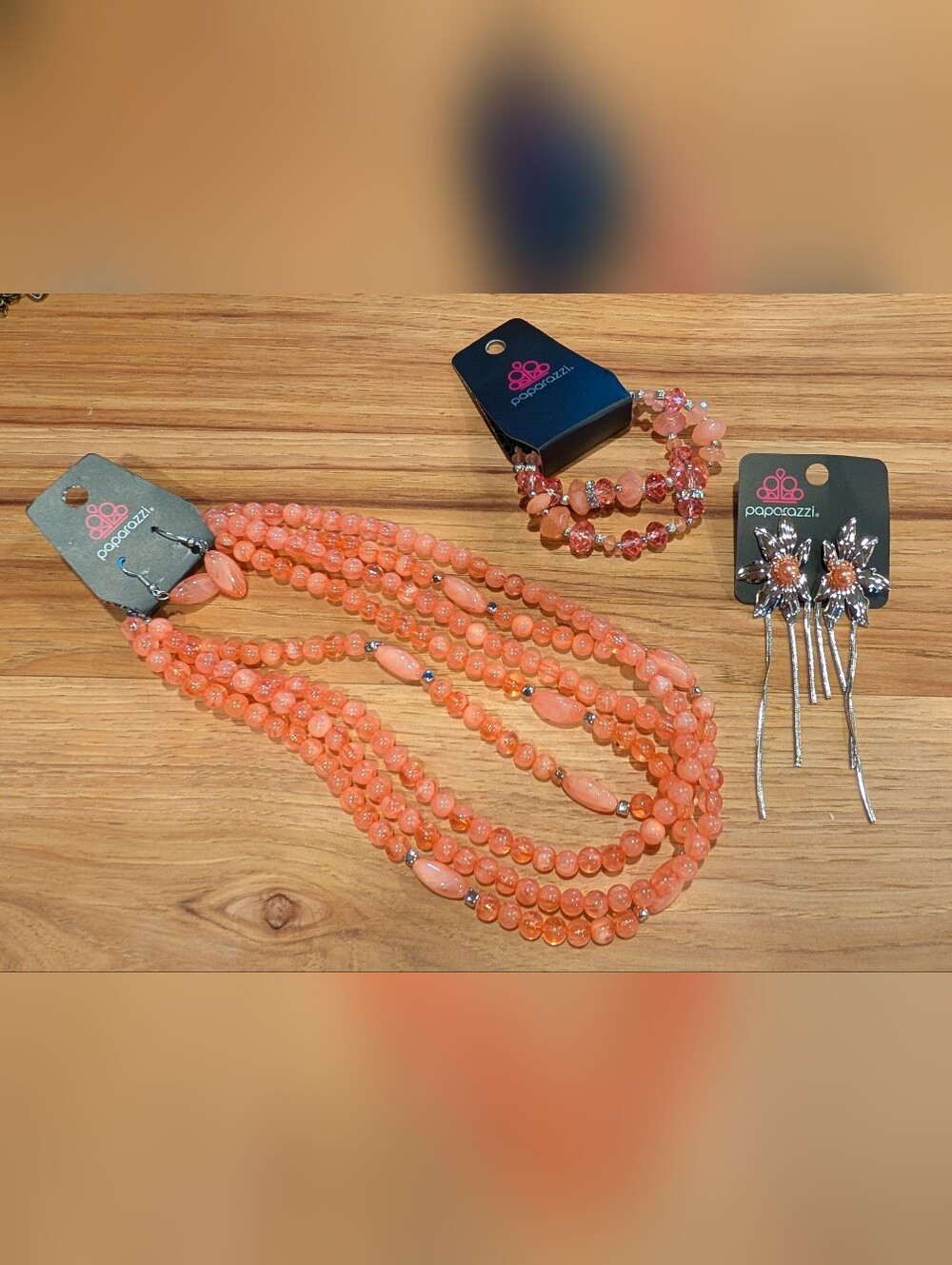 paparazzi Peachy Multi-Strand Bead Necklace with Matched Bracelet And Earrings
